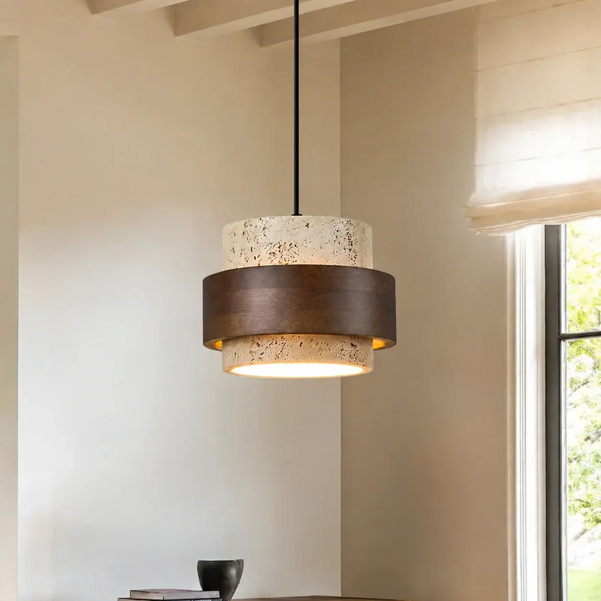 Aksel Vintage Cylindrical Travertine Stone Pendant Light 7